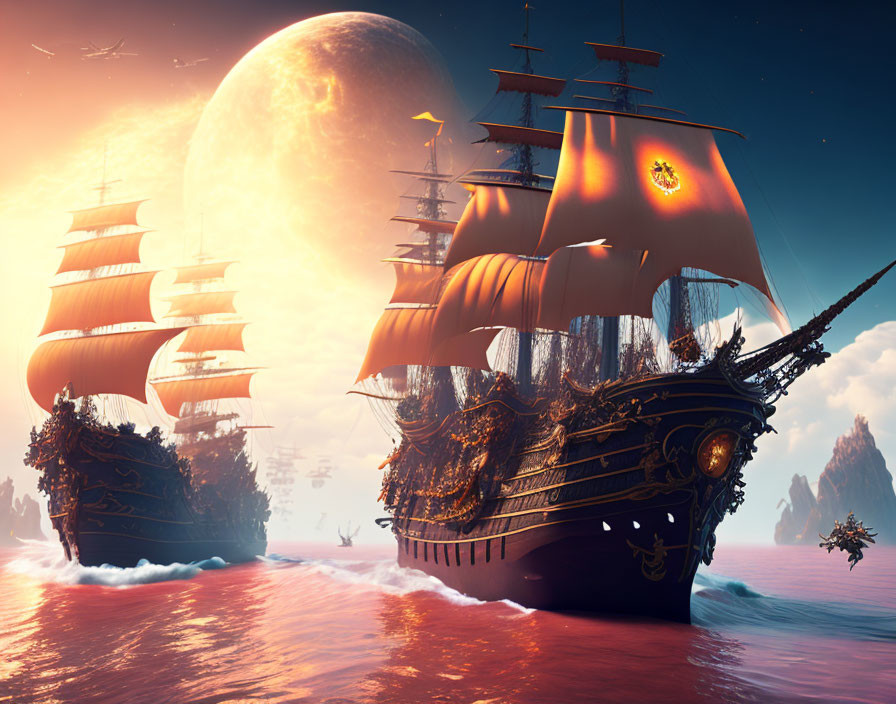 Tall ships fleet on serene ocean with massive planet in sky