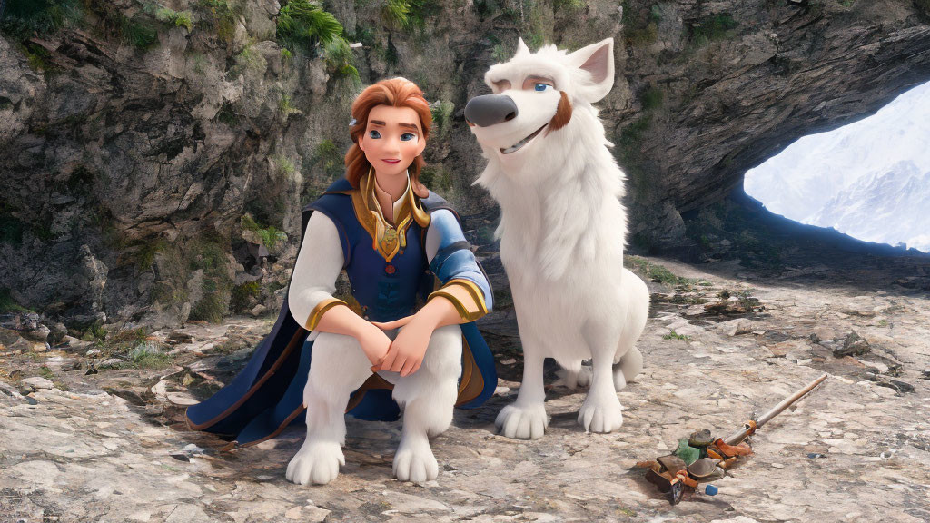 Animated princess and white wolf in mountain setting