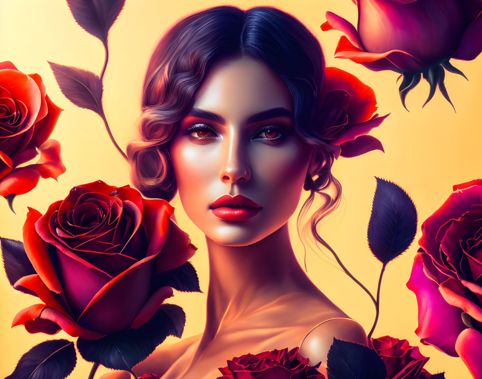 Stylized portrait of woman with wavy hair and red roses on warm background