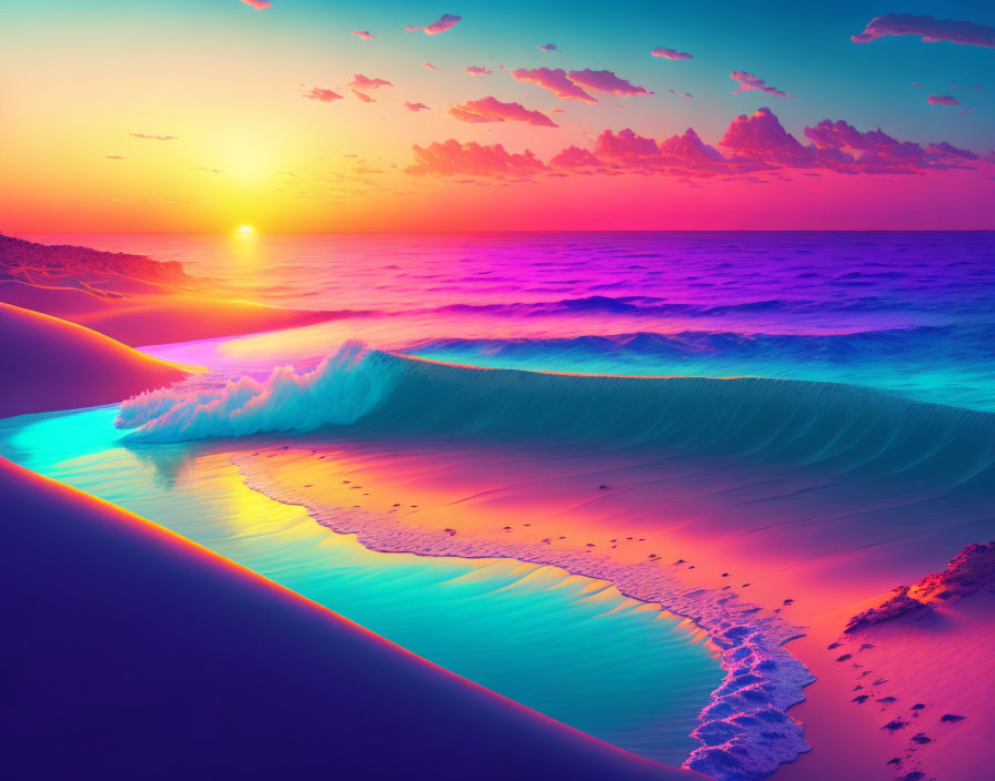 Colorful sunset over beach with purple, pink, and orange hues.