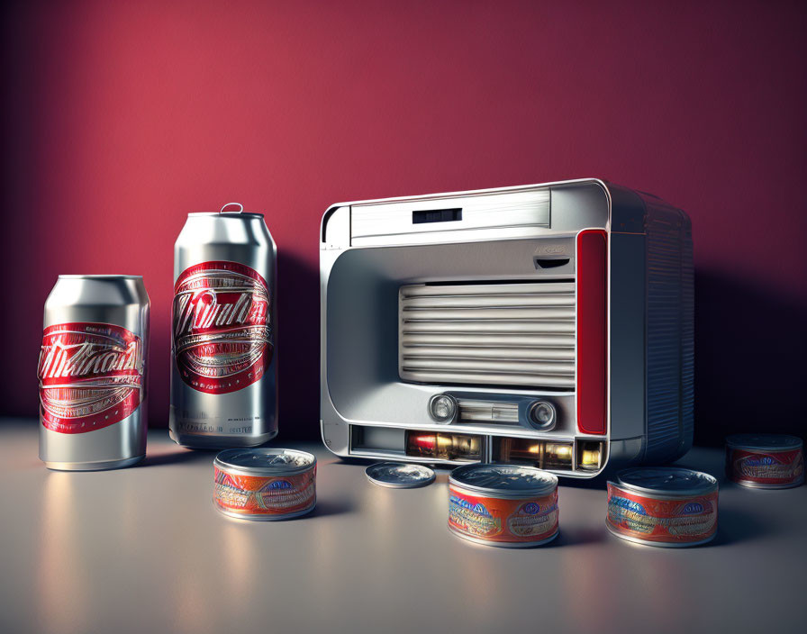 Vintage Retro Radio with Soda Cans on Dark Surface