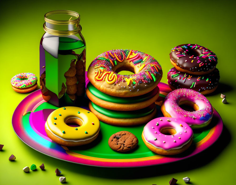 Assorted Doughnuts, Cookie, and Milkshake on Vibrant Tray