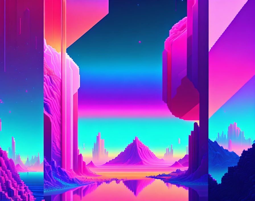 Colorful surreal landscape with reflective water & floating rocks