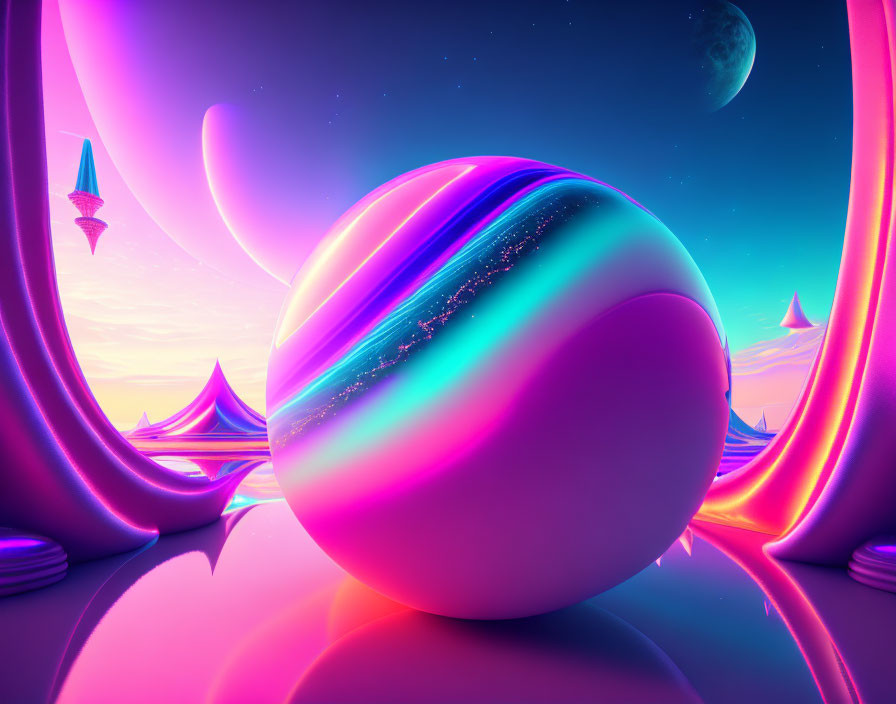 Surreal landscape with glowing orb, neon colors, and crescent moon