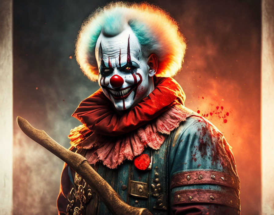 Colorful Sinister Clown Holding Bloody Weapon in Dark Setting