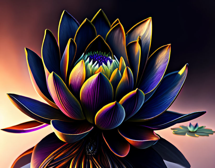 Vibrant digital art: Lotus flower with multicolored glow on dark backdrop