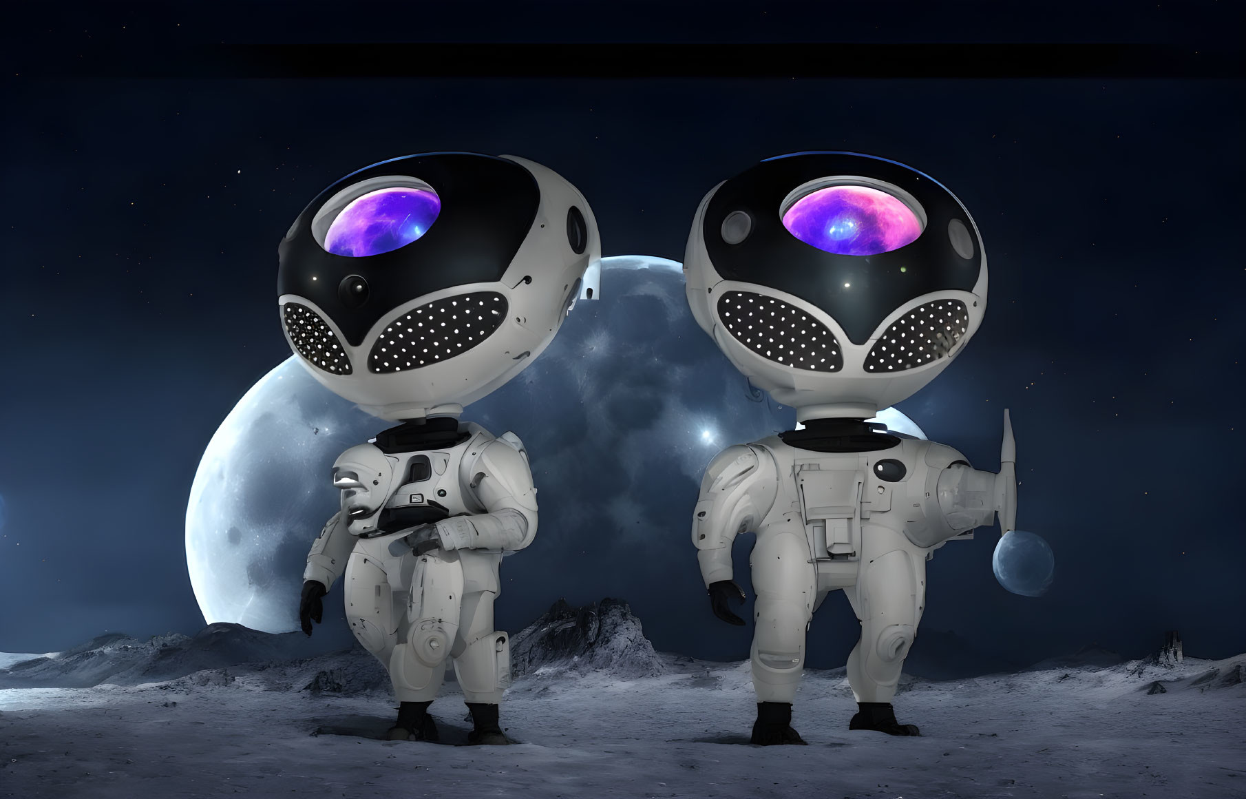 Futuristic humanoid robots on moon surface gazing at Earth