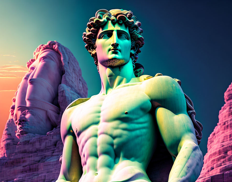 Vibrant Michelangelo's David Artwork with Classical Heads and Gradient Sky