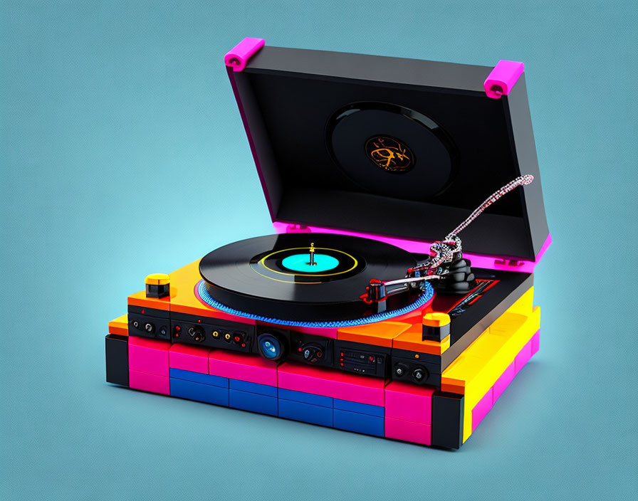 Vibrant Lego turntable with black record on turquoise background