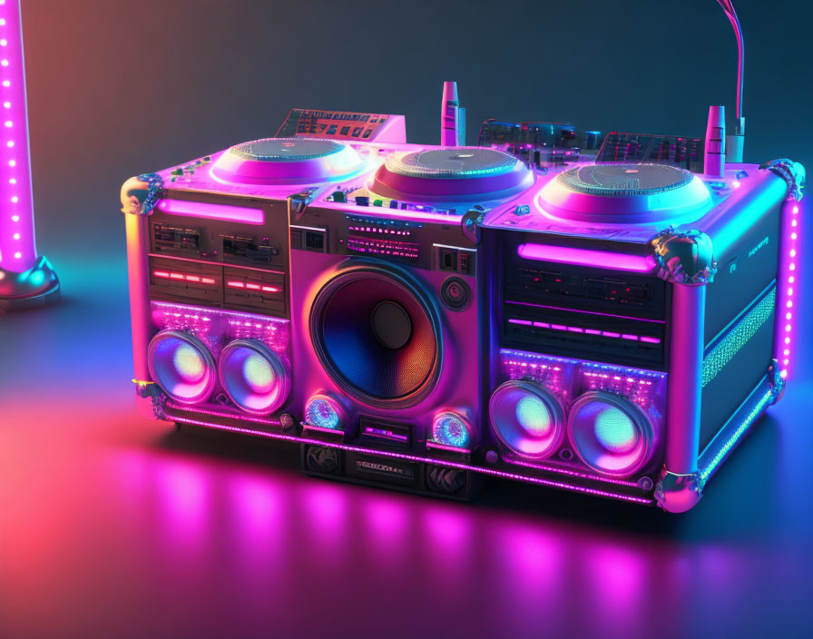 Colorful retro boombox with neon lights, dual cassette decks, speakers & turntables