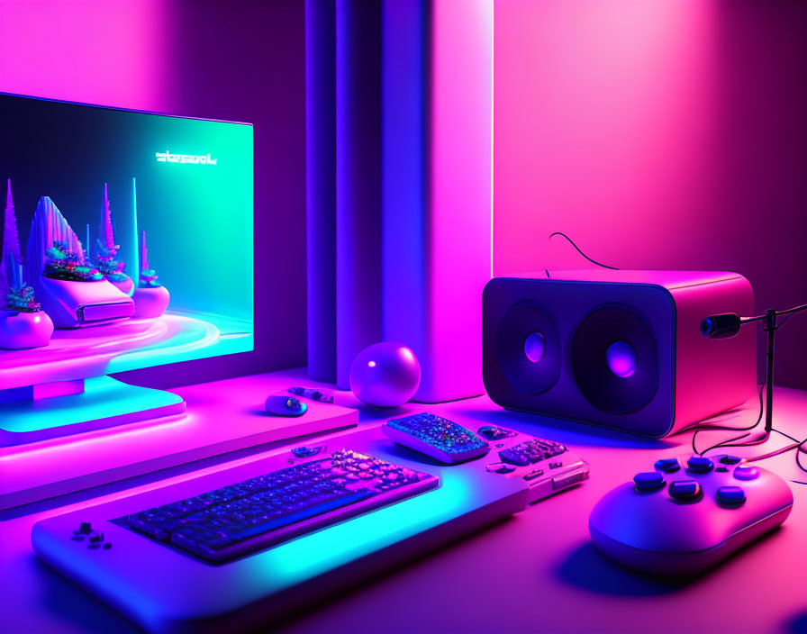 Neon-lit gaming setup with desktop computer, keyboard, mouse, speakers, and gamepads