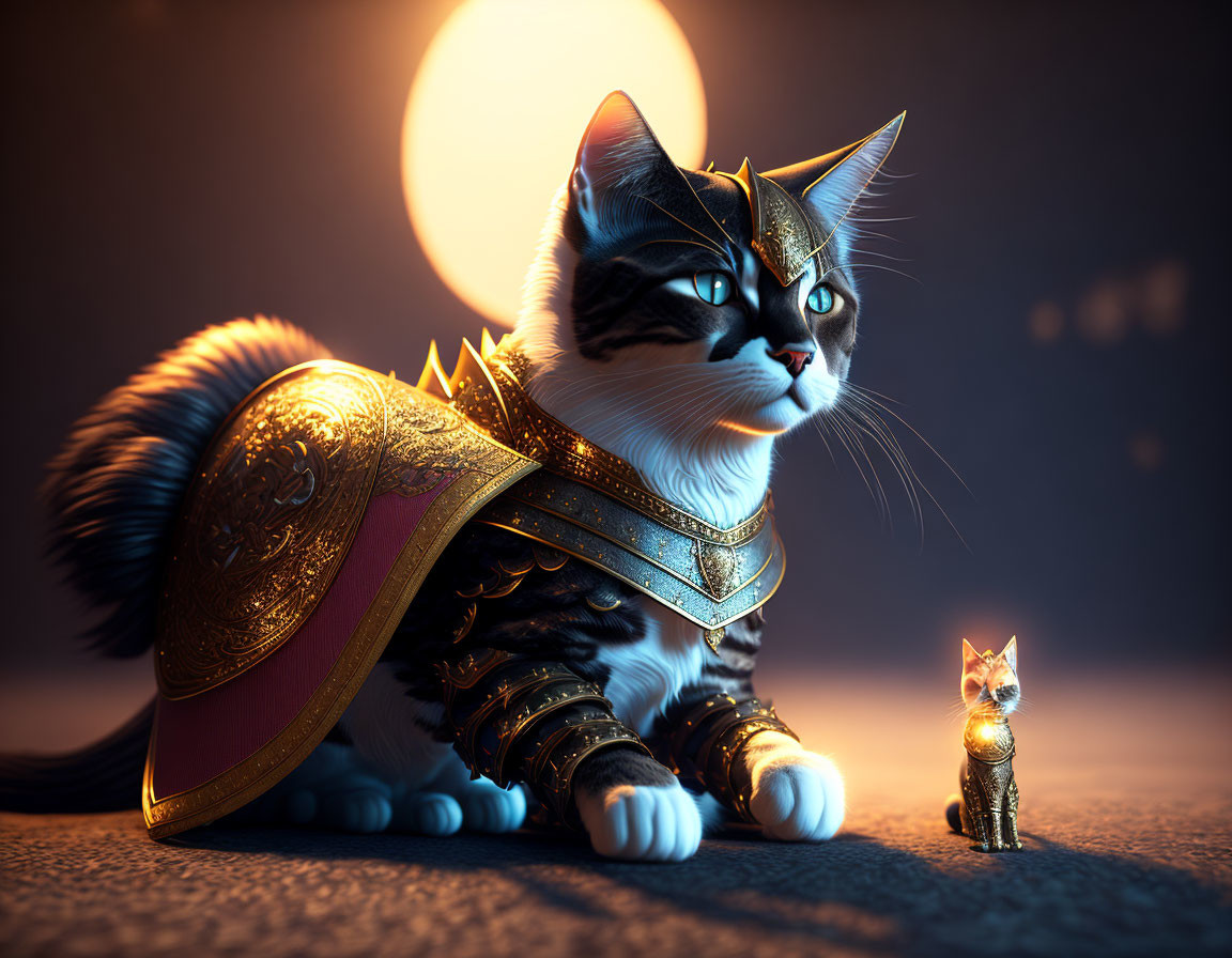 Majestic cat and kitten in golden armor with glowing background