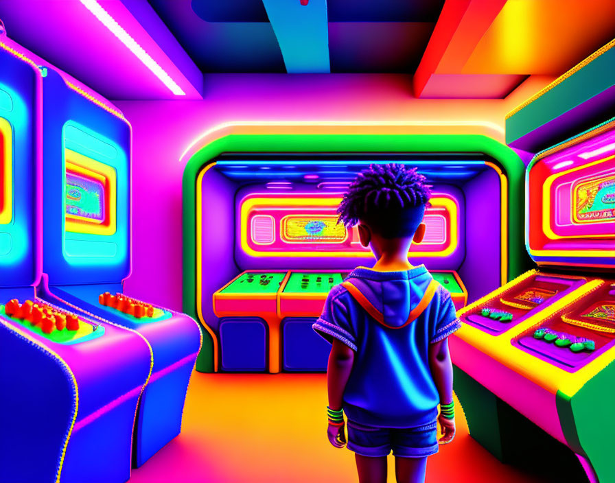 Person with Afro in Neon-lit Arcade Room