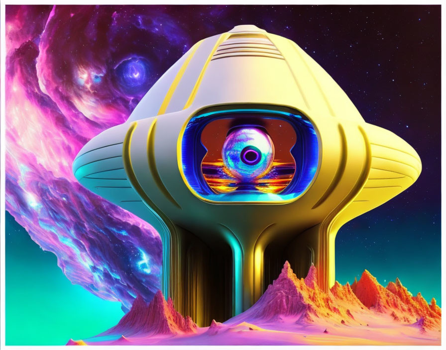 Futuristic spacecraft with eye-like window on colorful alien landscape