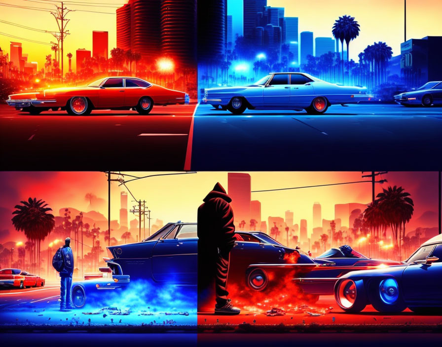 Colorful Urban Sunset Scenes Featuring Classic Car Collage