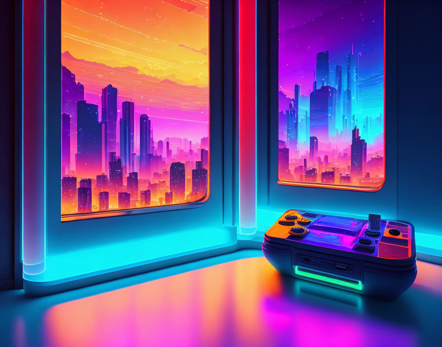 Futuristic room with neon lights, retro game controller, and cityscape view at sunset