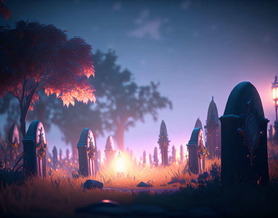 Tranquil cemetery scene with glowing lamps and tombstones at twilight