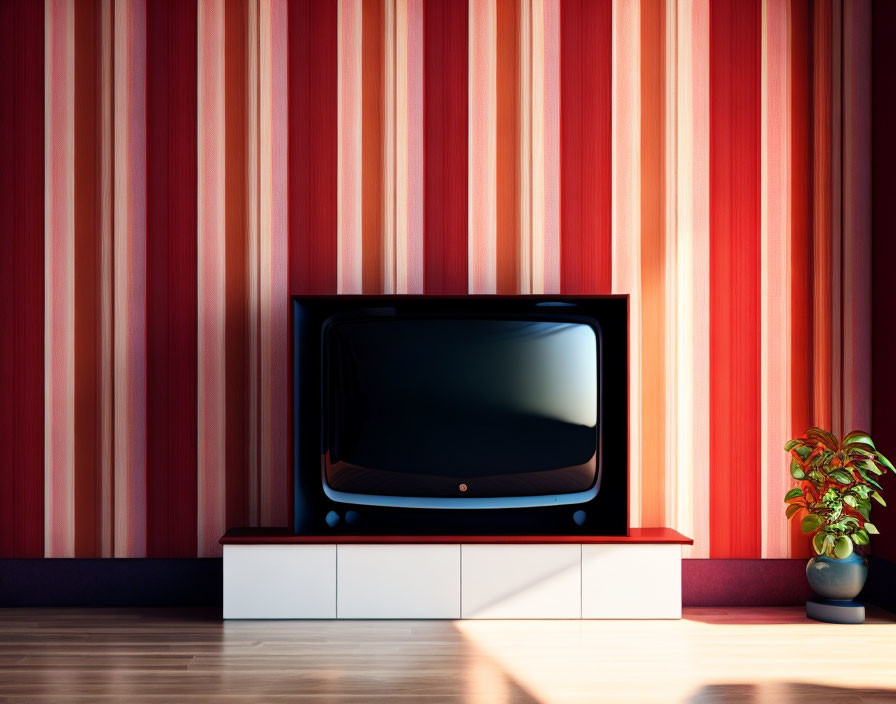 Vintage television on white cabinet against red and white striped wallpaper with potted plant