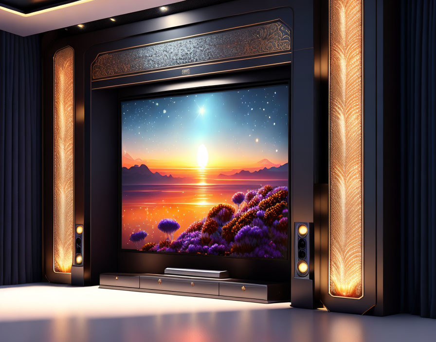 Luxurious Home Theater with Large Sunset Mountain Landscape Display