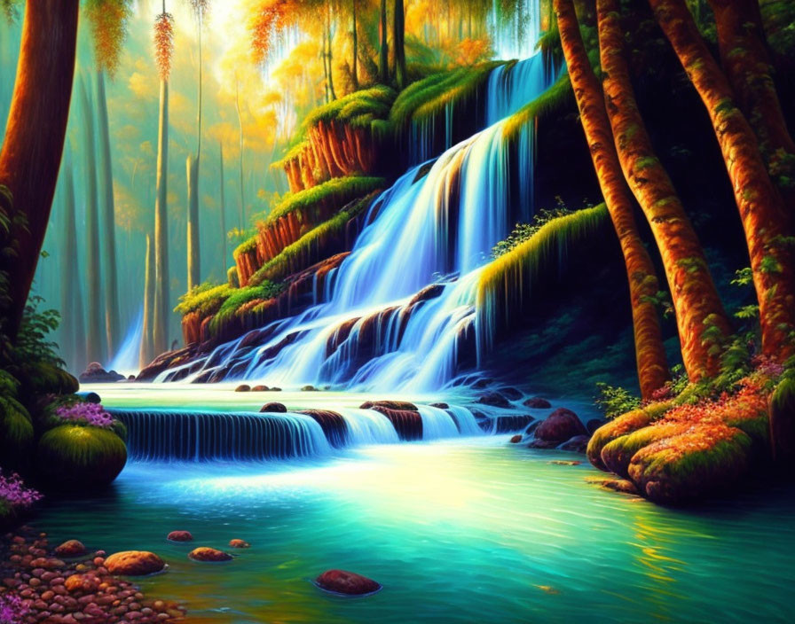 Scenic waterfall in lush forest with colorful foliage