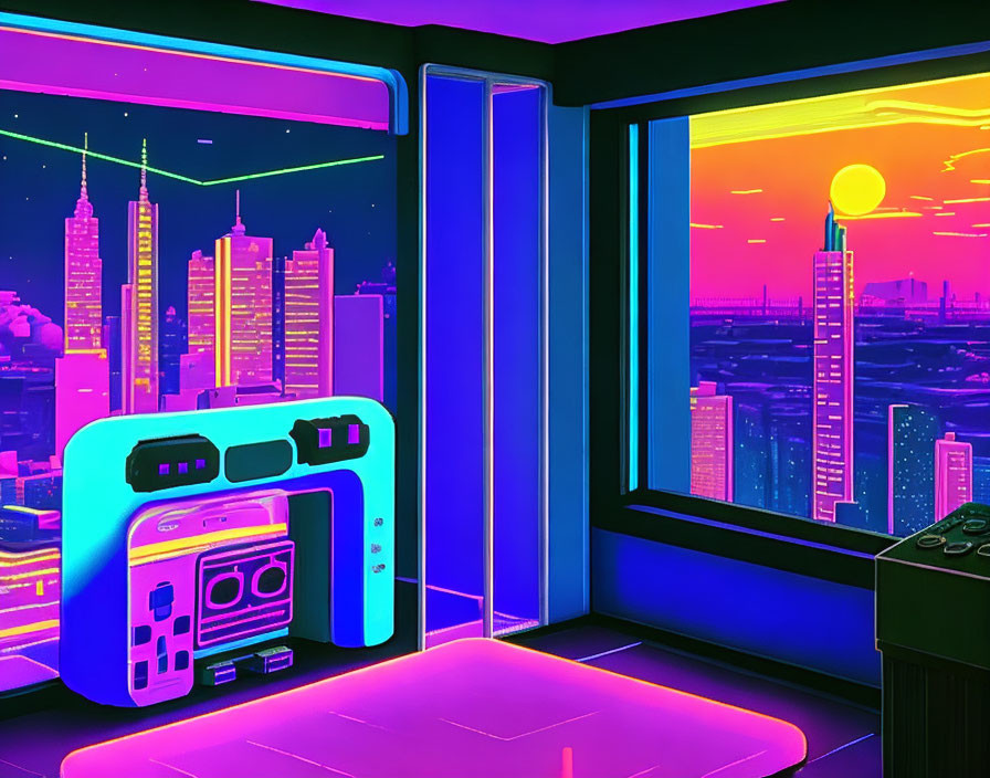 Colorful Room with Neon Lights and Retro-Futuristic Cityscape View