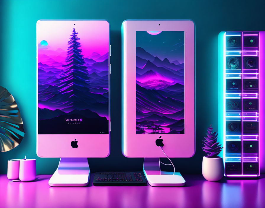 Apple devices with matching purple mountain wallpapers beside neon-lit speaker tower, candles, and plants.