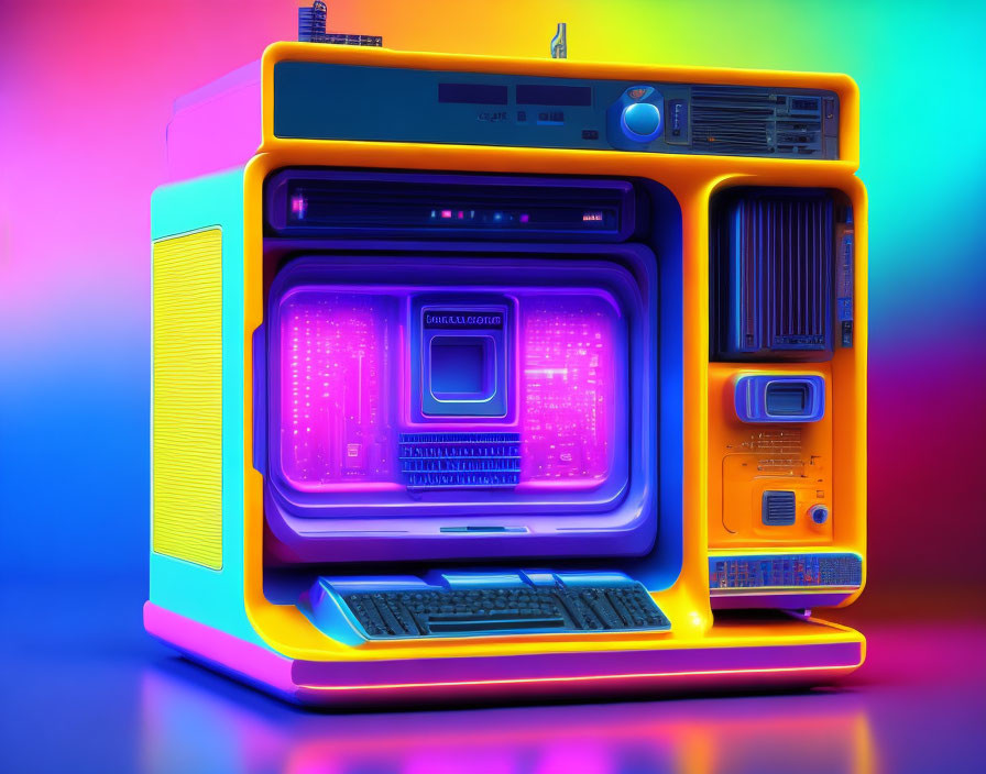 Colorful retro-futuristic computer with neon hues and circuit pattern screen.