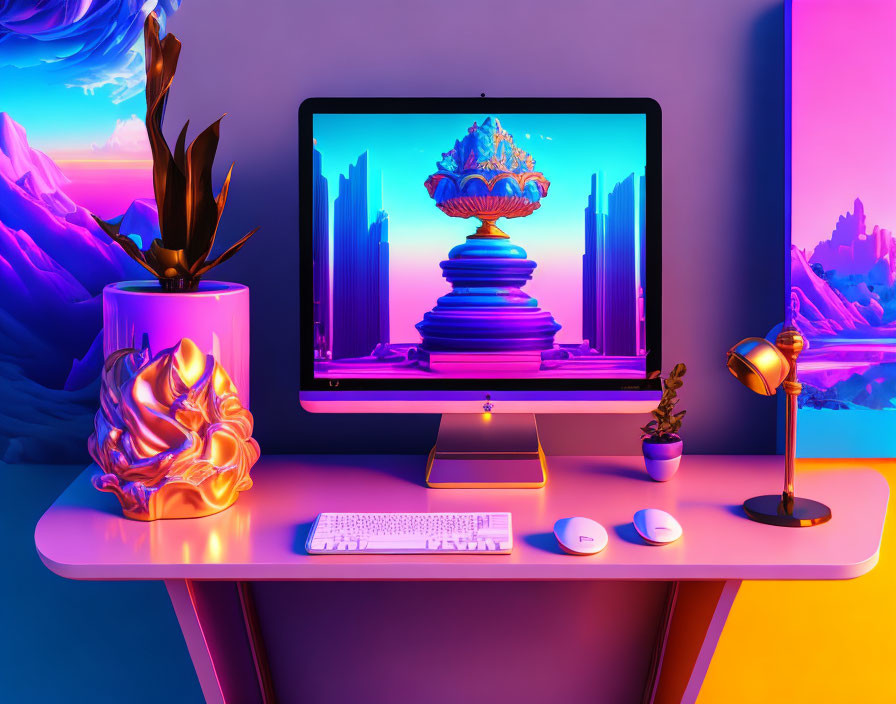 Fantasy architecture on computer screen with plants and lamp in neon-lit workspace