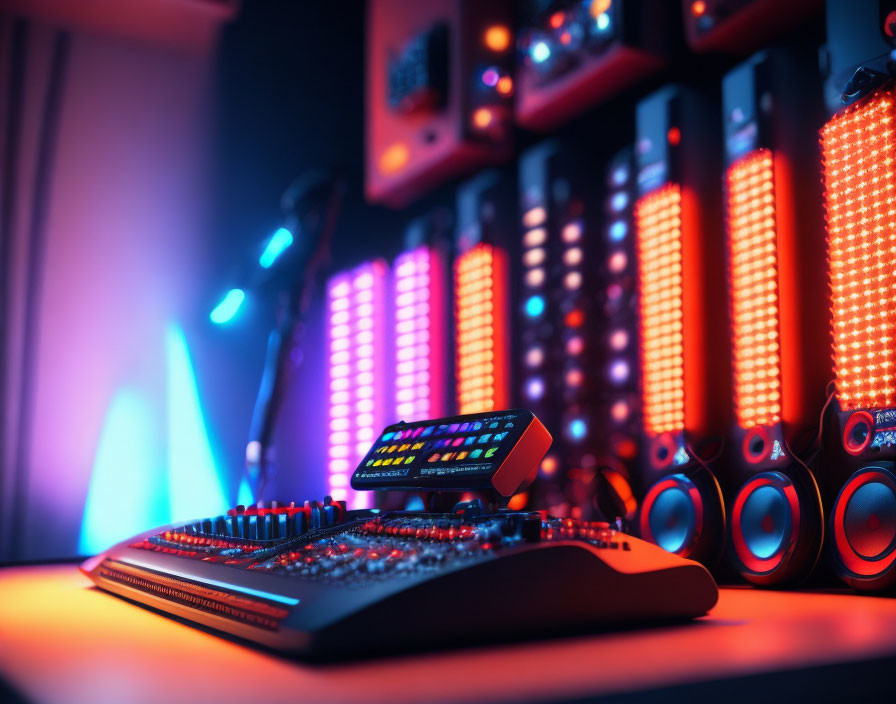 Close-up of MIDI controller, mixing console, and speakers in moody lighting