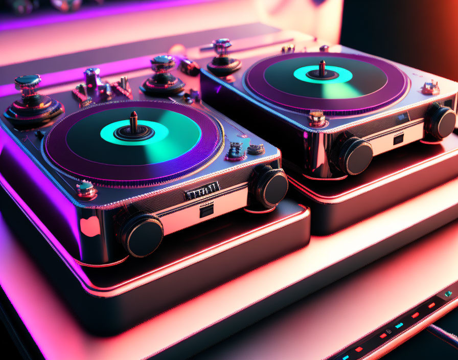 Modern turntables with blue neon lights on pink and purple reflective surface