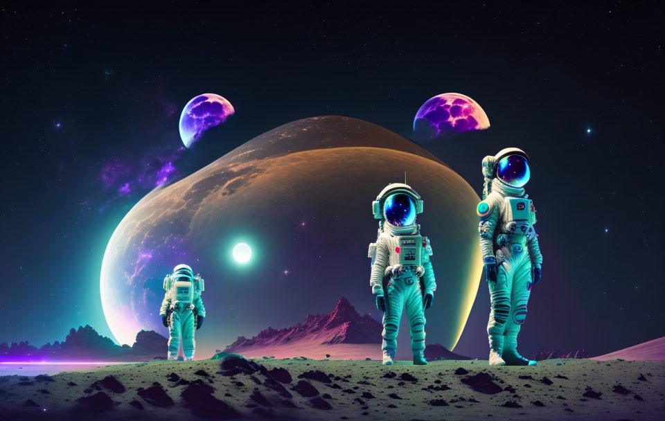 Astronauts explore alien planet with purple moons.