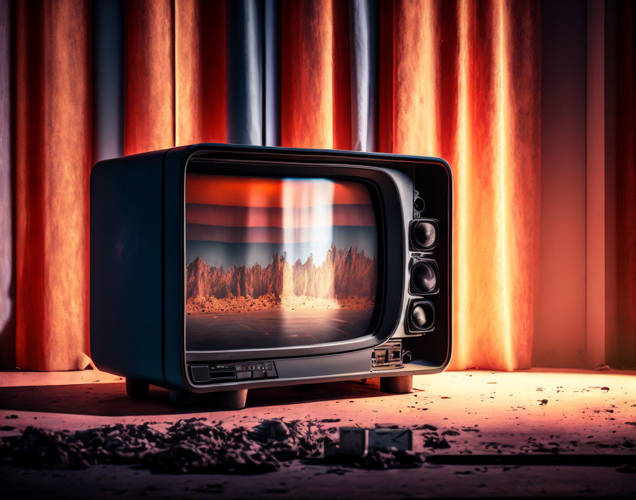 Vintage television set displaying a dramatic scene on screen in front of warm curtain backdrop