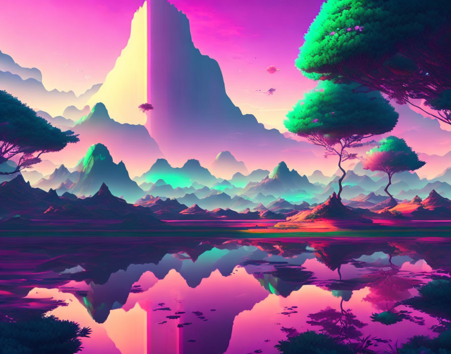 Serene landscape digital artwork with purple hues and pink sky