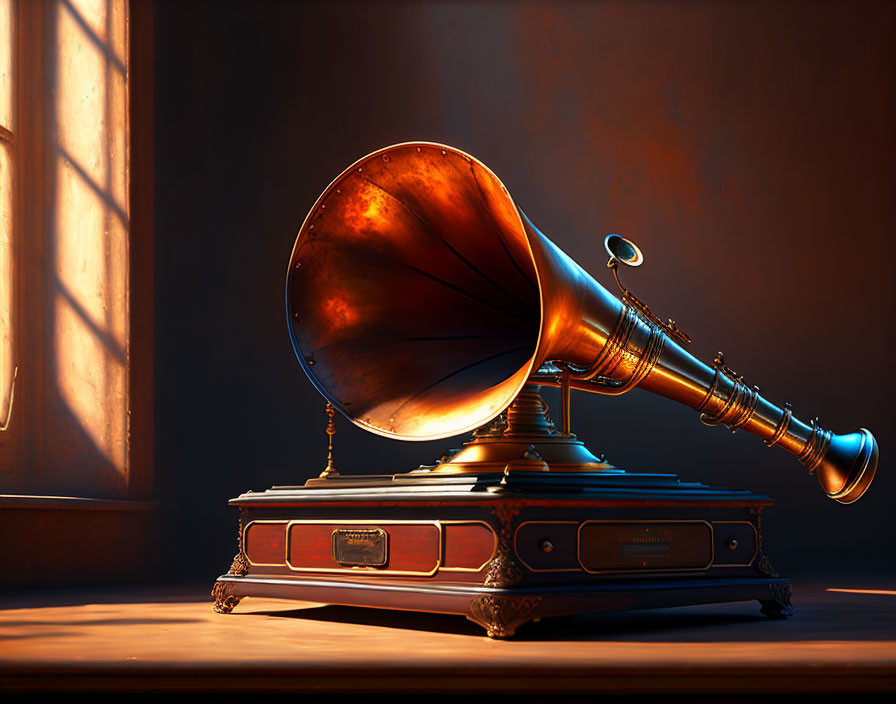 Vintage Gramophone with Brass Horn in Sunlit Room