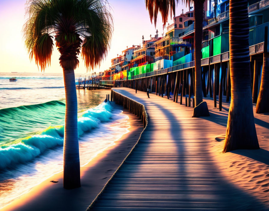 Vibrant beach promenade at sunset with colorful buildings and palm trees