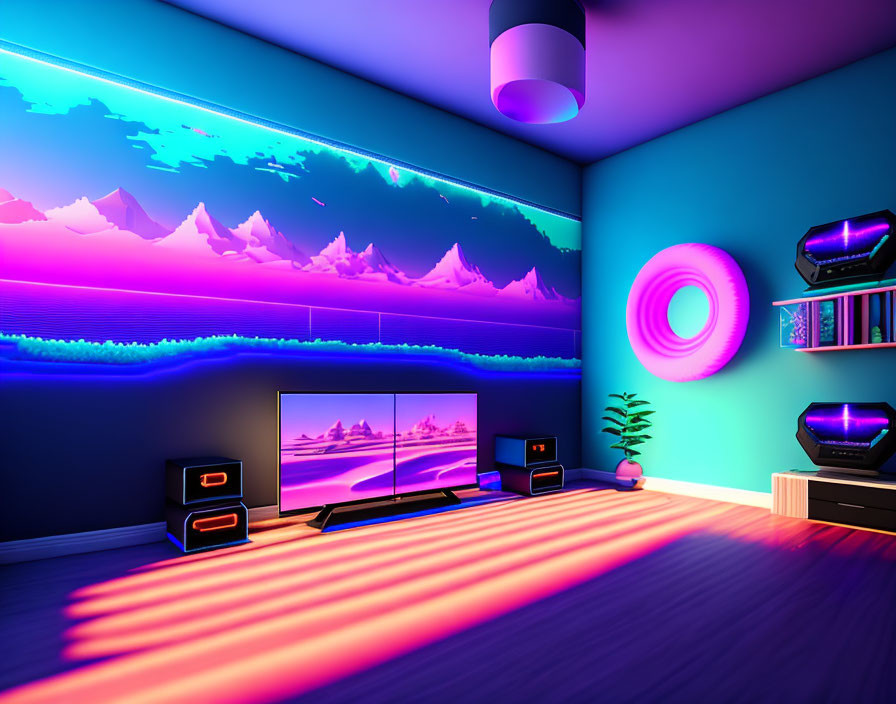 Colorful gaming room with neon lights, large TV, and gaming consoles