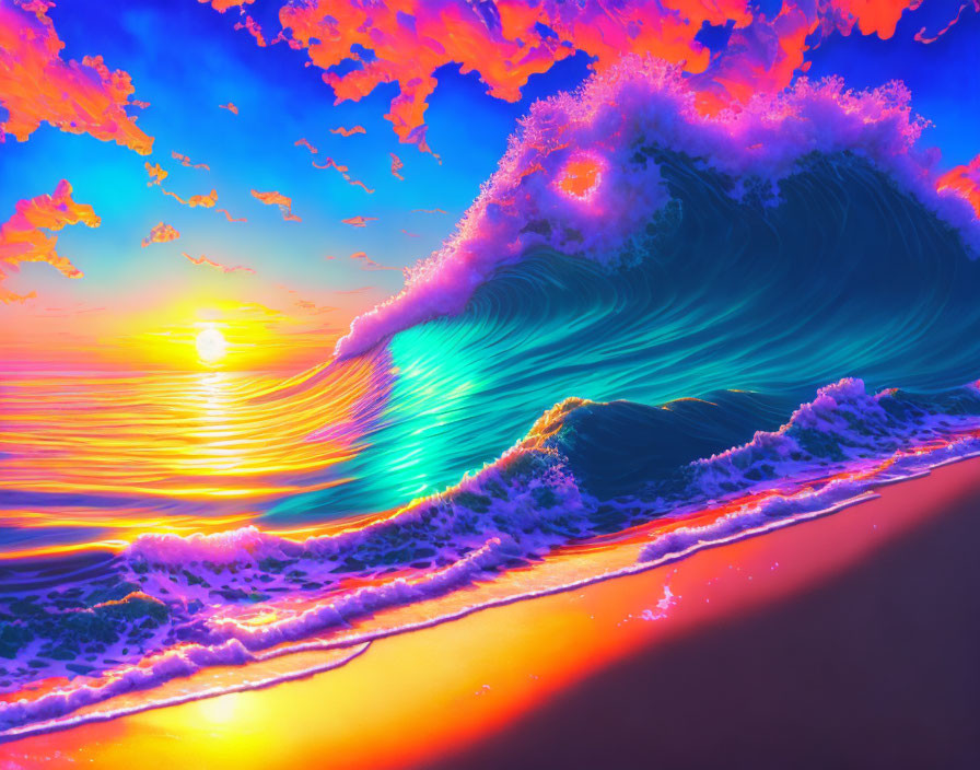 Colorful seascape with radiant sunset, turquoise wave, pink-orange clouds, and shimmering beach