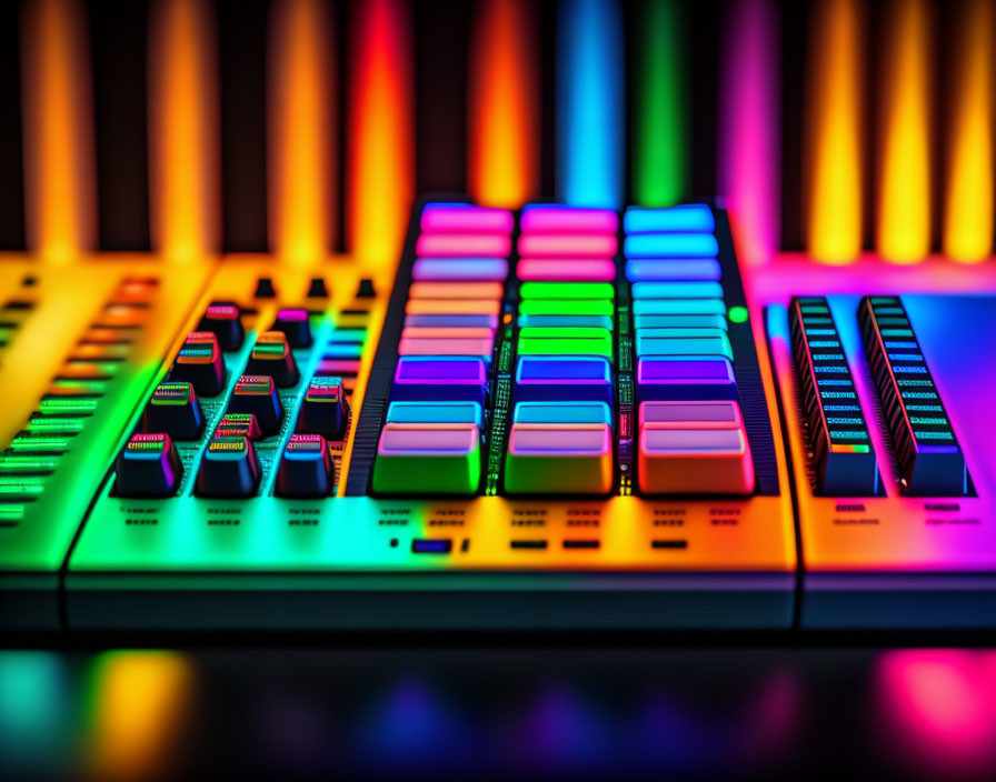 Colorful Audio Mixing Console with Faders and Knobs under Neon Lights