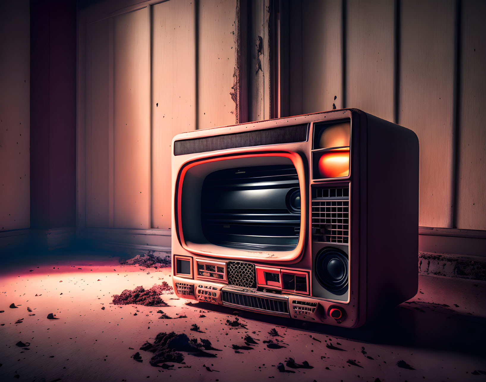 Abandoned retro television in dim room with red and orange hues