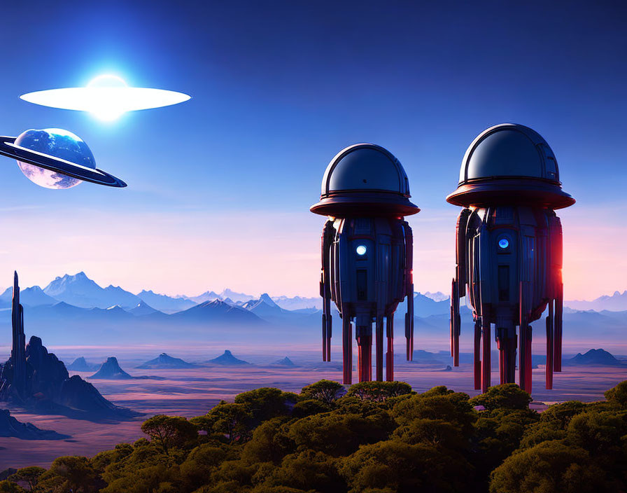 Futuristic sci-fi scene: towers, UFOs, mountains, blue sky