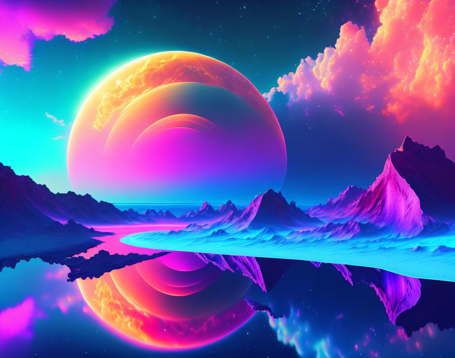 Colorful retro-futuristic landscape with neon sky, rising planet, reflective waters, and jagged