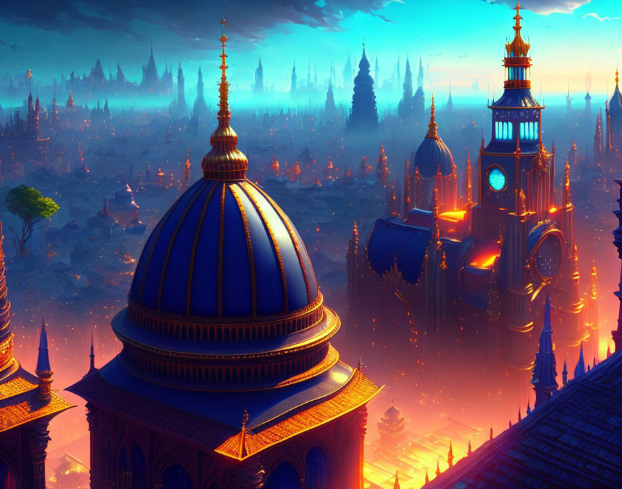 Fantasy cityscape at sunset with ornate domes and spires in orange and blue glow