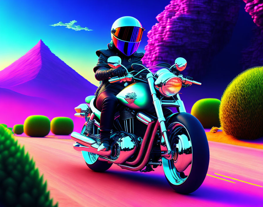 Motorcyclist in Helmet on Vibrant Surreal Landscape with Neon Hues