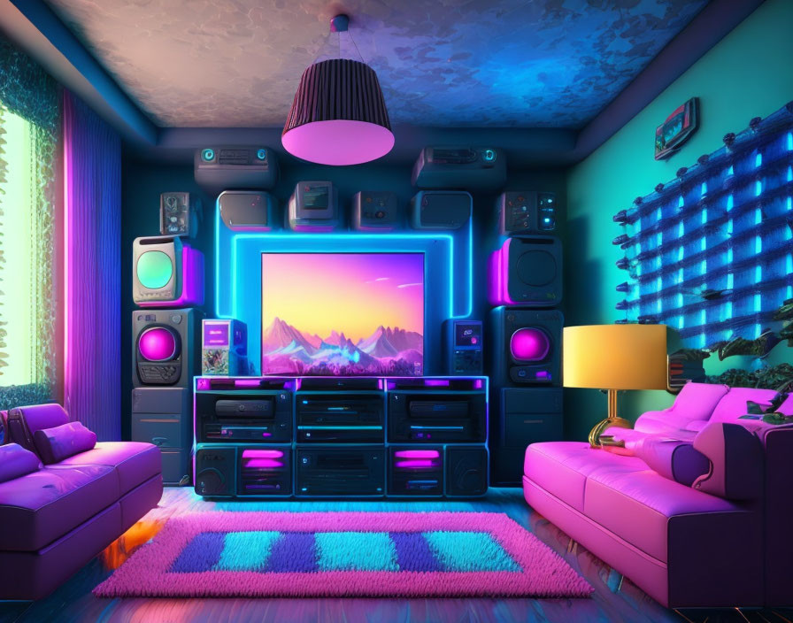 Neon-lit home entertainment room with mountain scene display