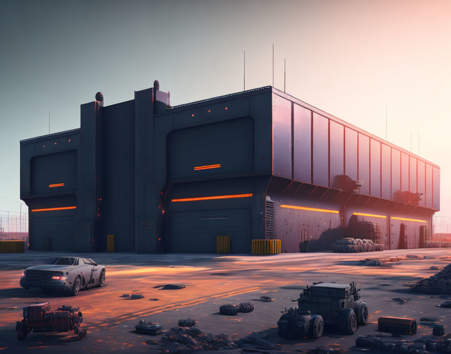 Futuristic industrial facility at dusk with glowing lights