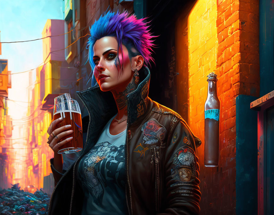 Person with Blue and Purple Spiked Hair Holding Beer Glass in Urban Alleyway with Graffiti and Floating