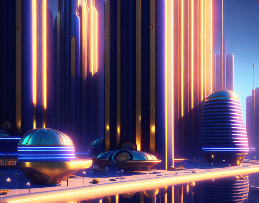 Futuristic cityscape with glowing neon lights and flying cars