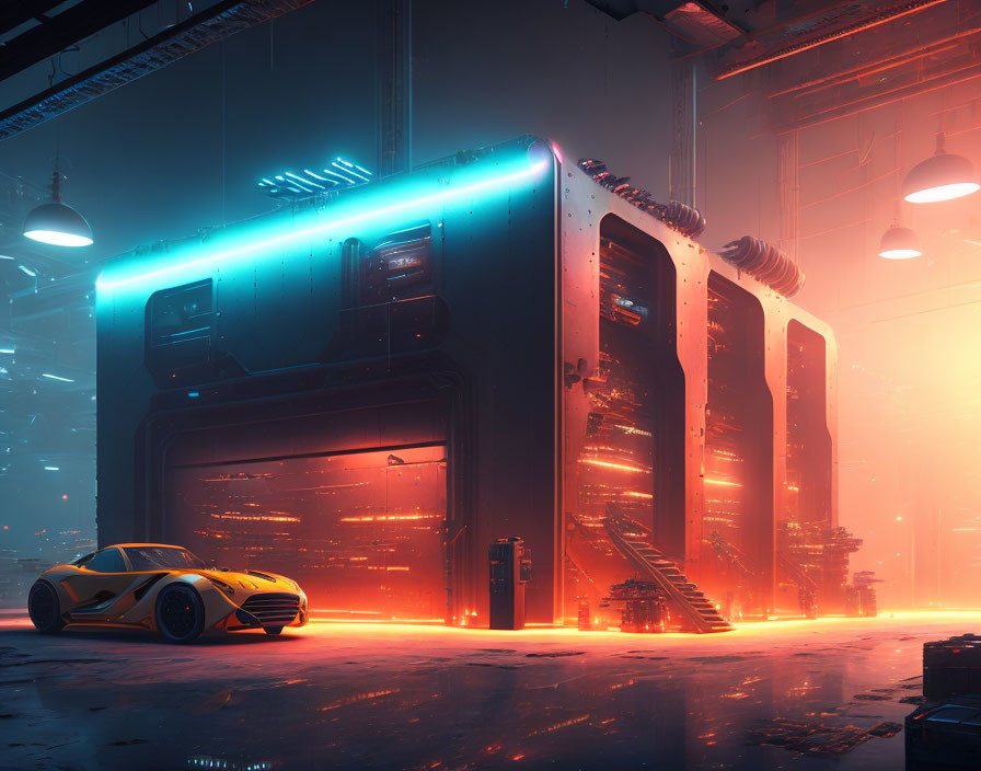 Futuristic car by glowing building in cyberpunk cityscape