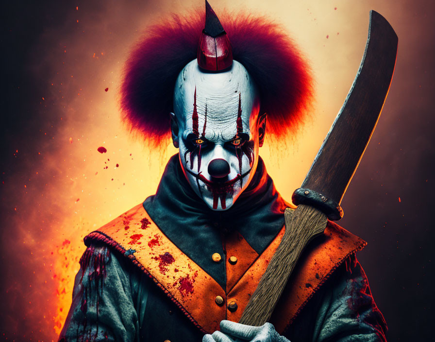 Sinister clown with knife in fiery backdrop