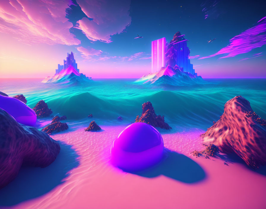 Vibrant digital artwork: Neon pink and purple hues, surreal turquoise waves under colorful sky